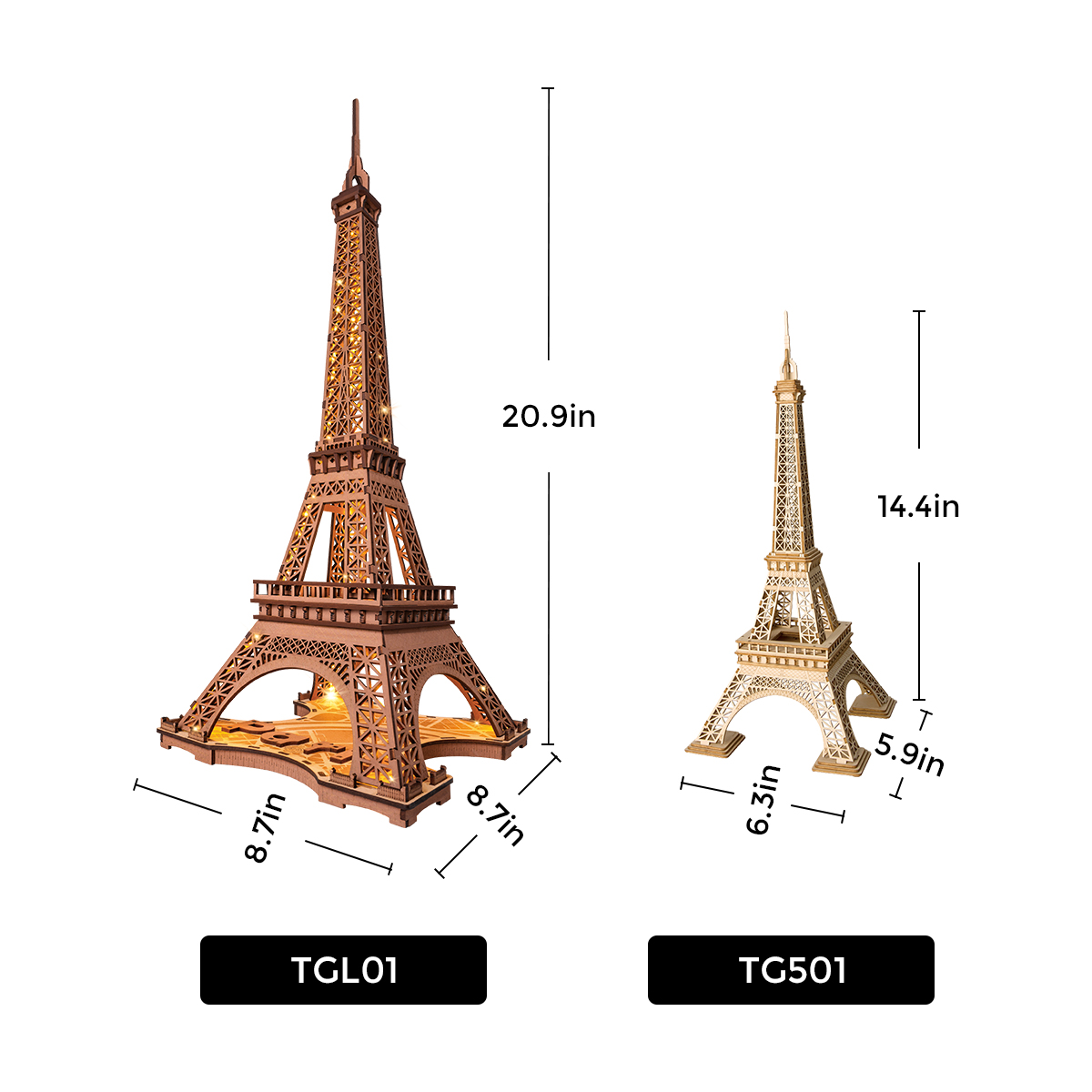 Rolife 3D Wooden Puzzle - Nuit de la Tour Eiffel TGL01 taille graphique avec les dimensions TGL01 et TGS01 indiquées