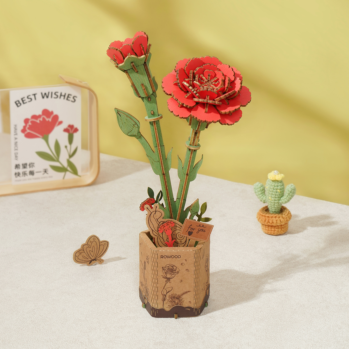 Rowood 3D Wooden Puzzle - Wooden Flower Bouquet TW01H red bloom finished model