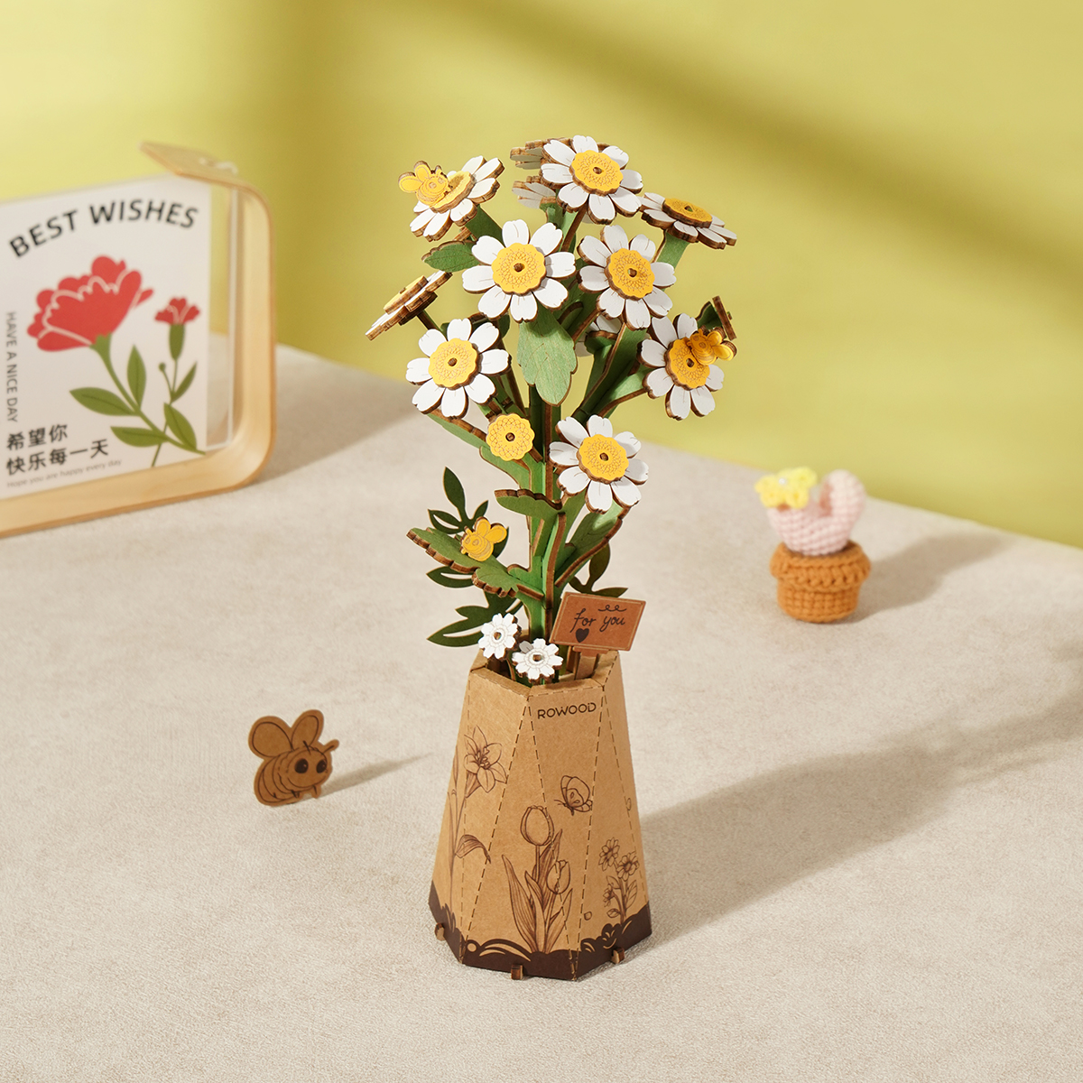 Rowood 3D Wooden Puzzle - Wooden Flower Bouquet TW01H yellow blossom finished model