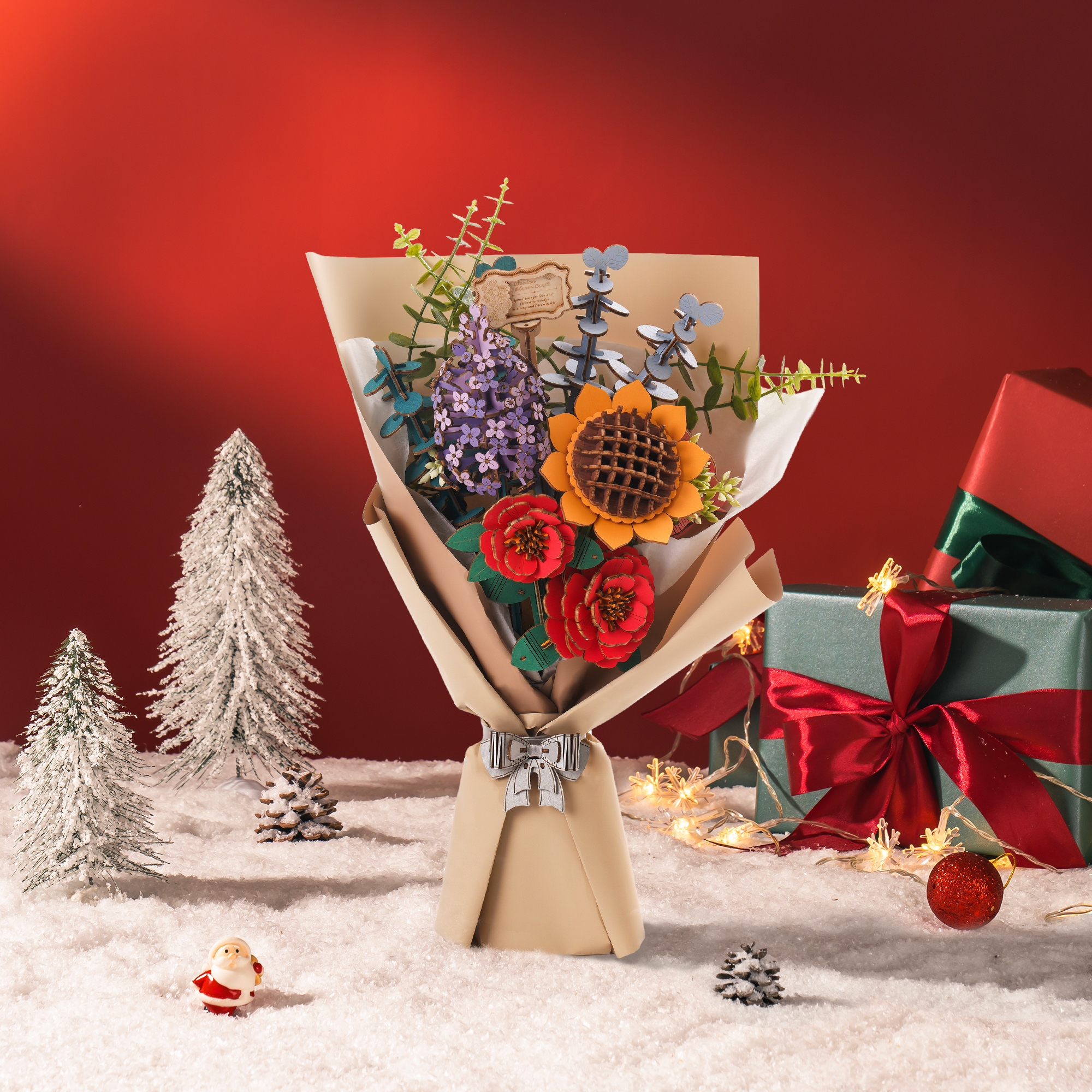 Rowood 3D Wooden Puzzle - Wooden Flower Bouquet TW01H bouquet display scene in winter