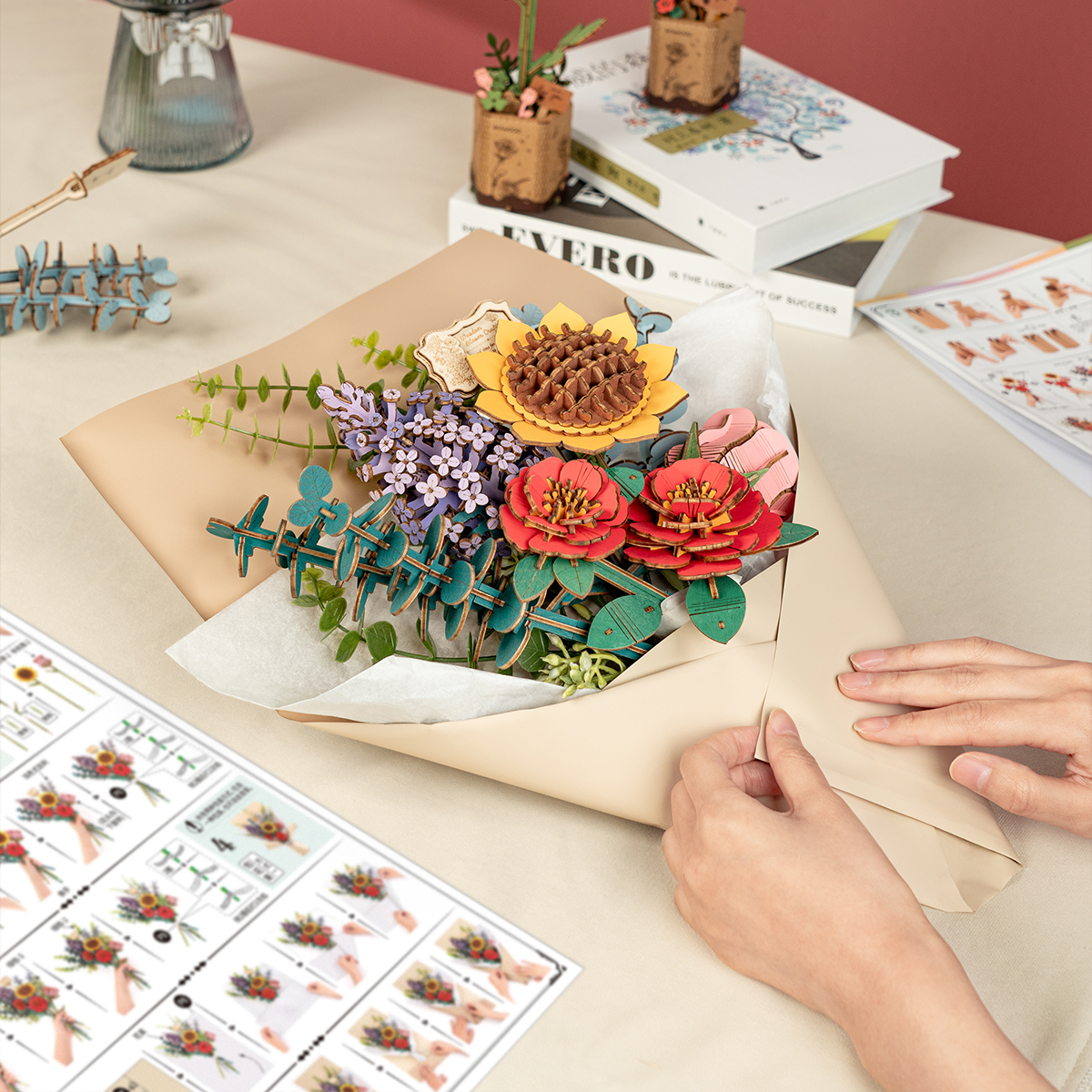 Rowood 3D Wooden Puzzle - Wooden Flower Bouquet TW01H bouquet assembly scene with instructions