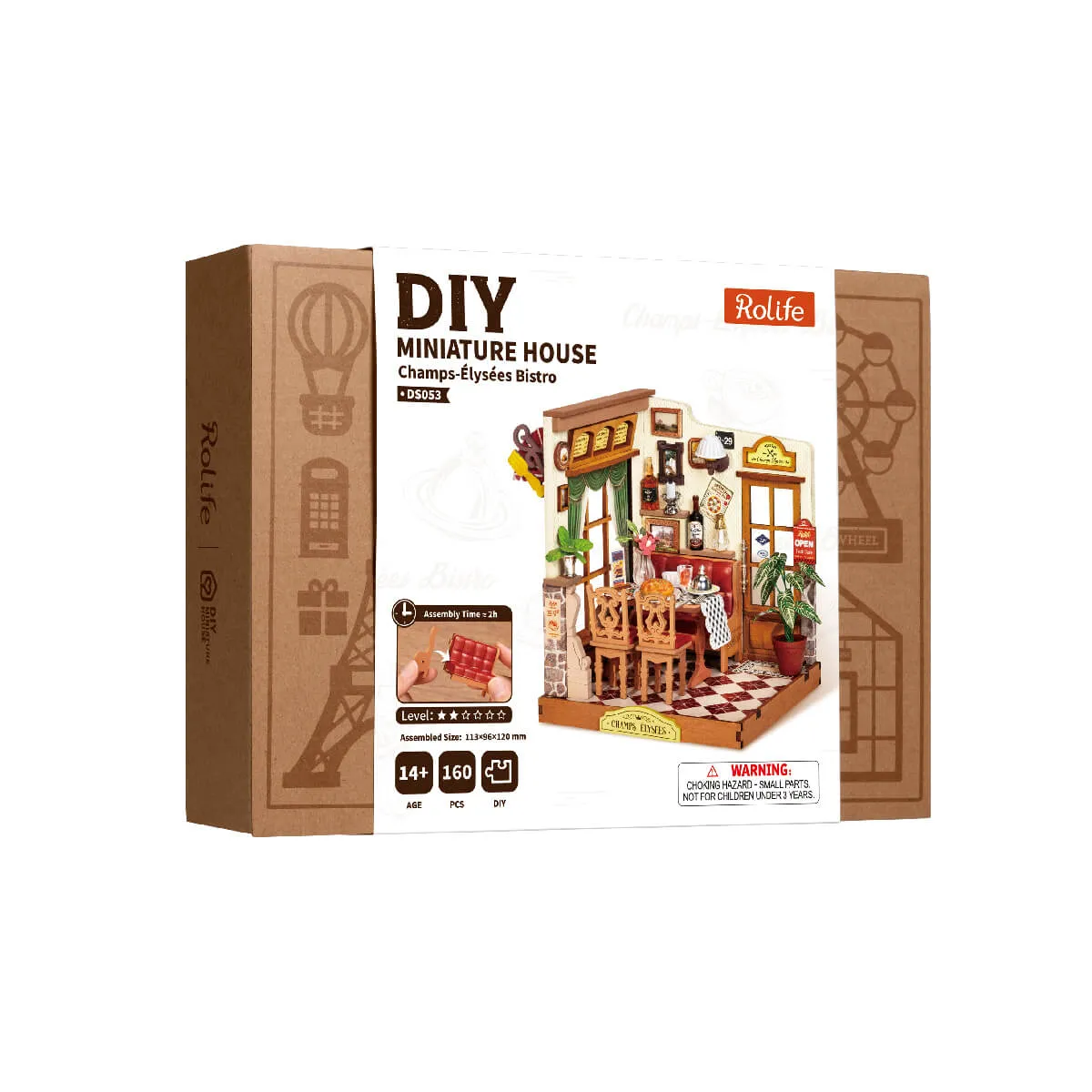 Rolife Champs-Elysees Bistro DS053 Paket neben dem fertigen Miniaturrestaurantmodell