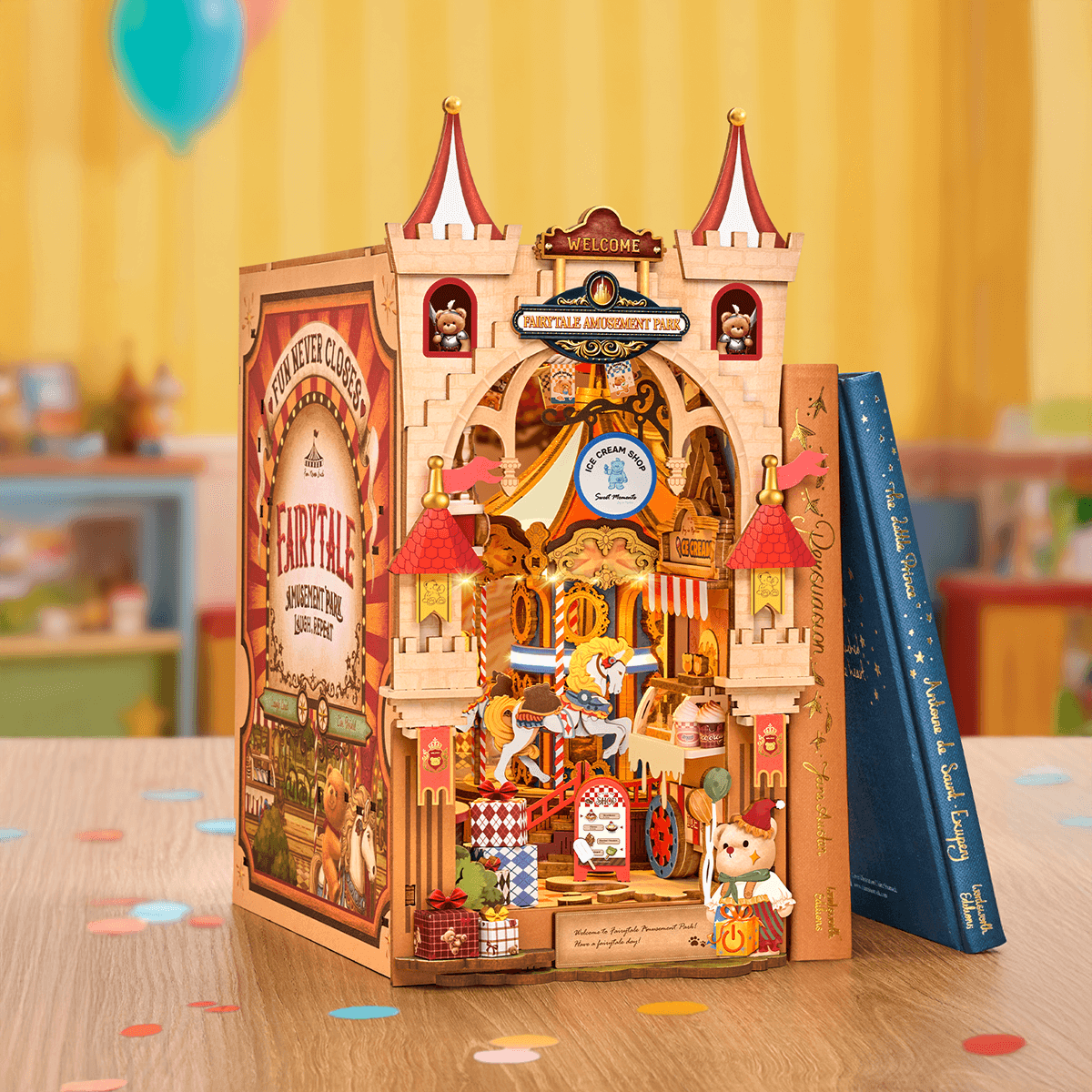 Rolife Fairytale Amusement Park TGB17 book nook en una colorida escena de mesa