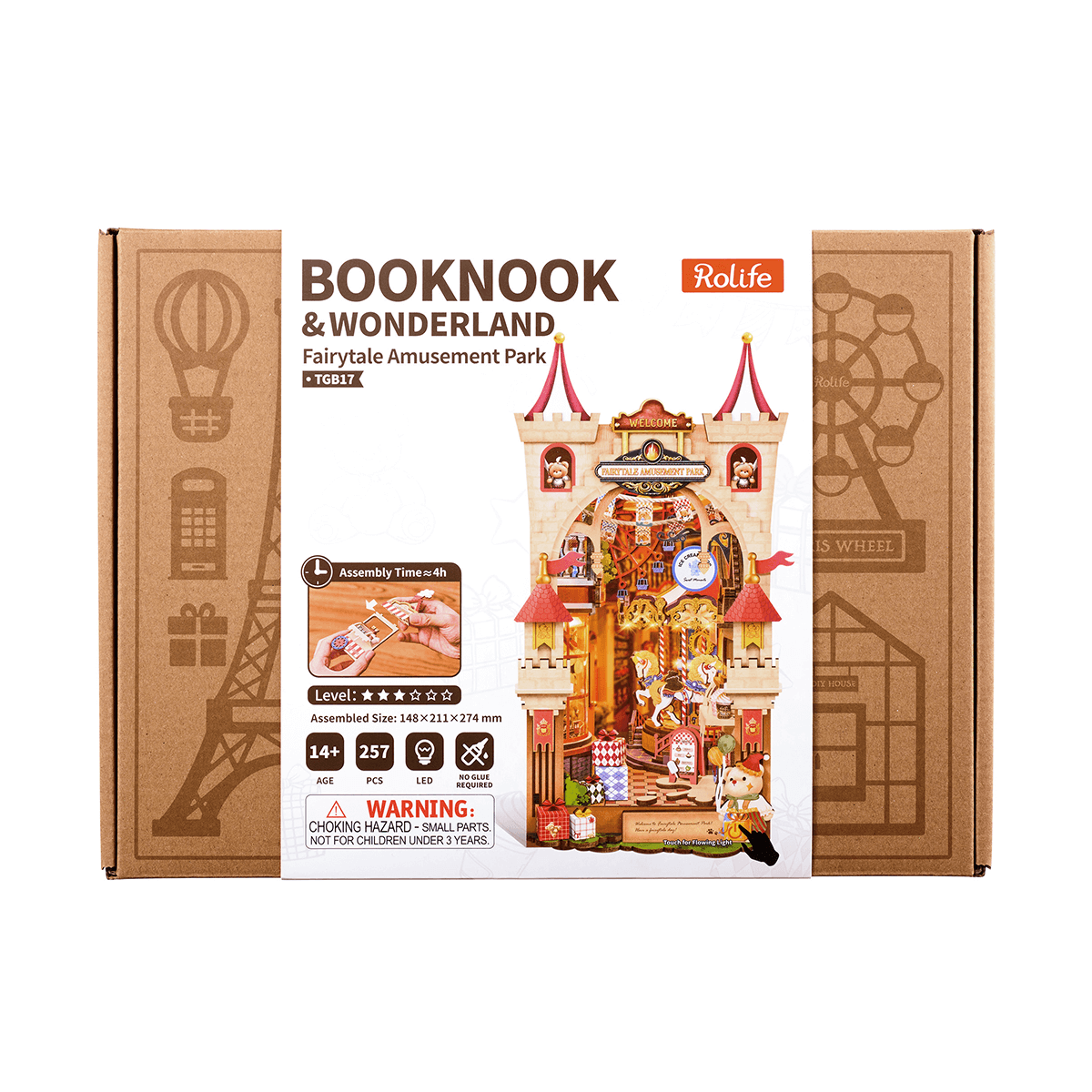 Rolife Fairytale Amusement Park TGB17 paquete de producto con completado book nook