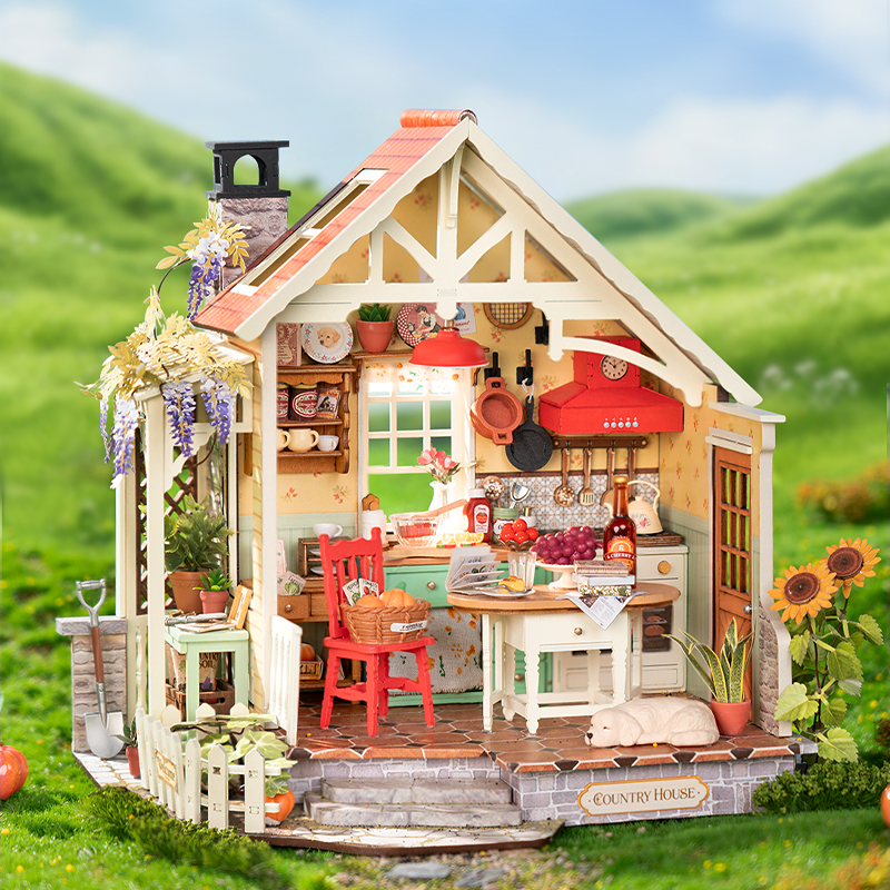 Rolife Sunlit Farmhouse Kitchen DH101 casa en miniatura en una escena de exhibición en un campo soleado