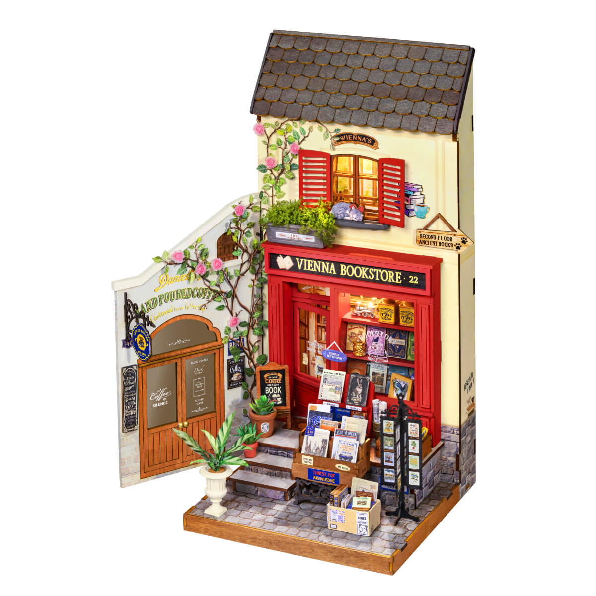 Rolife Vienna Bookstore DG183 white background miniature bookstore product view