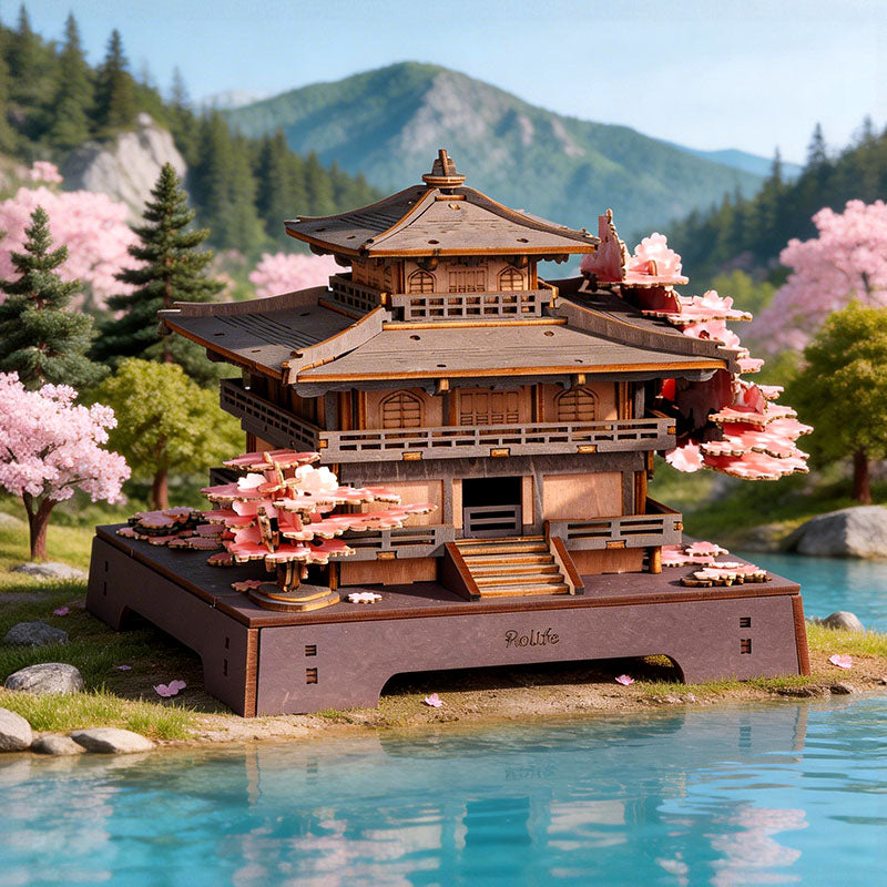 Rolife Sakura Pavilion Holzpuzzle in einer Frühlingsszene am Berg und am See