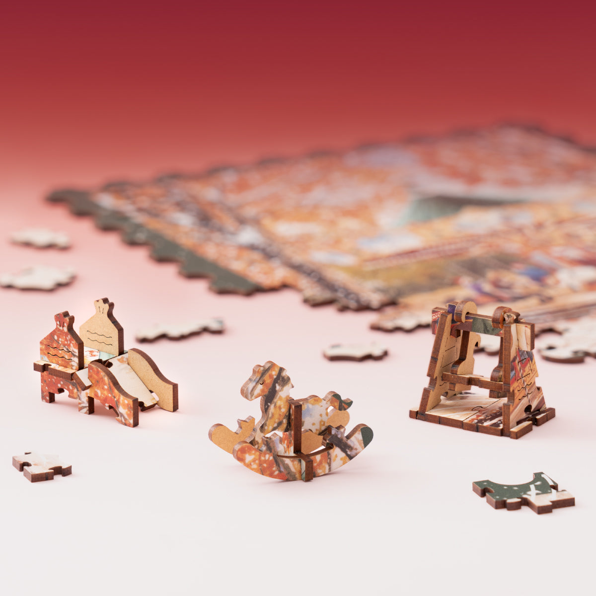 Goldener Herbst Karussell TA008 Nahaufnahme der Puzzlestücke und gerahmten Kunstwerke