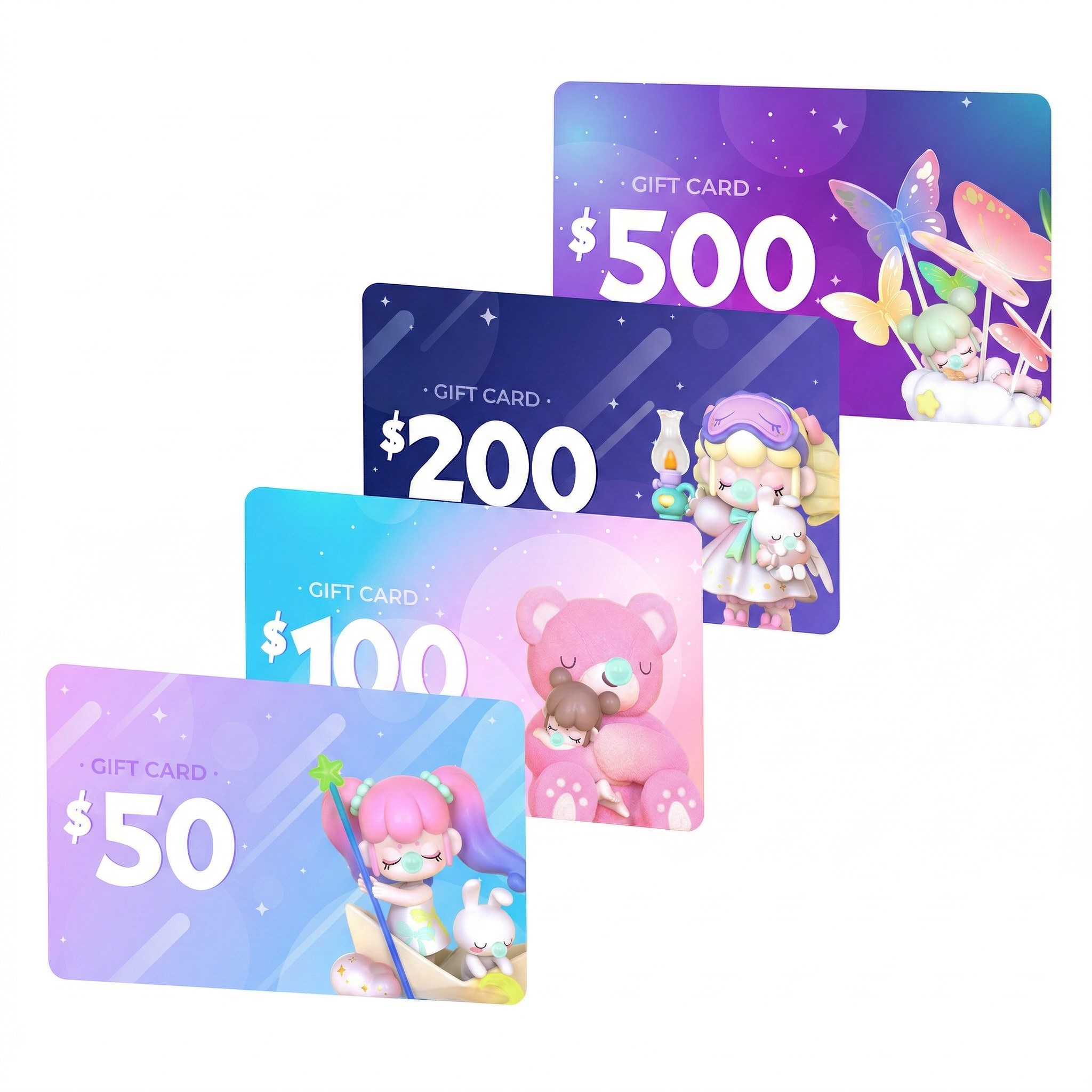 Geschenkkarten-Produktcollage mit $50, $100, $200 und $500 Karten