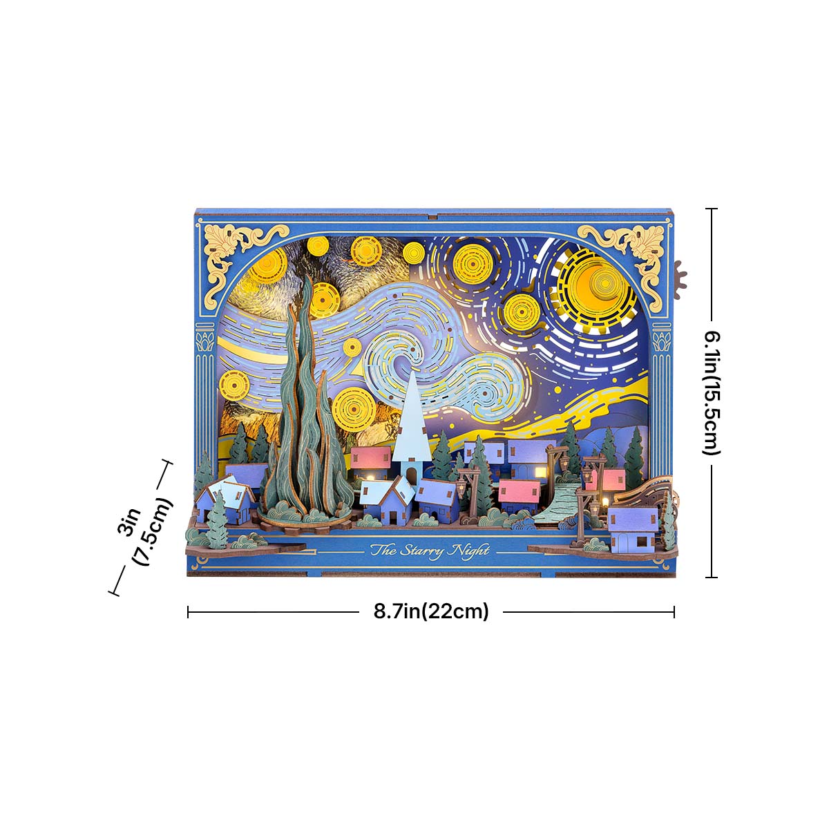The Starry Night greeting card writing scene with artwork nearby