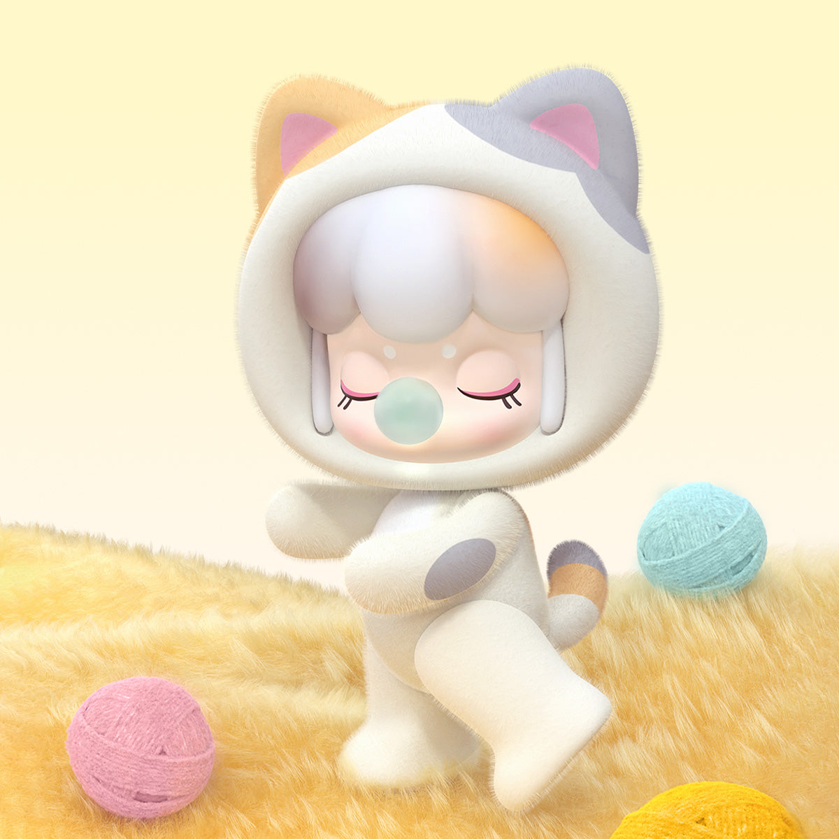 BabyNanci Fluffy Party cat costume figure on a soft pastel background