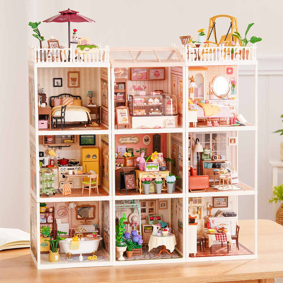 Rolife Super Creator 9 en 1 combinación de casa en miniatura de nueve cuadrículas para exhibición en una mesa