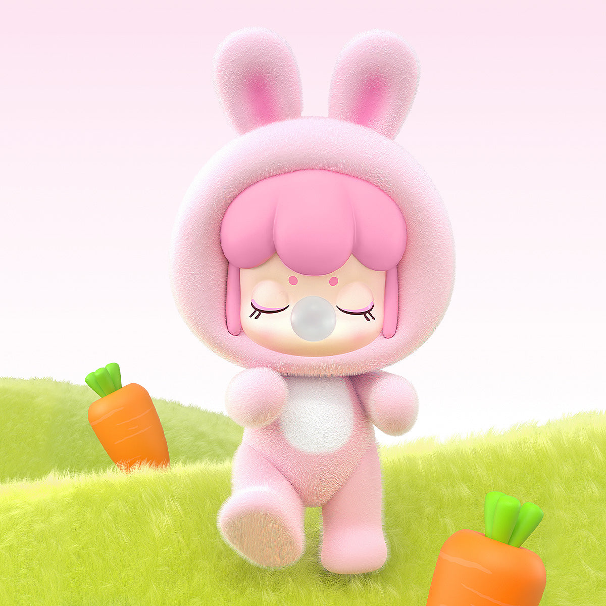 BabyNanci Fluffy Party pink bunny figure on a pastel grass scene