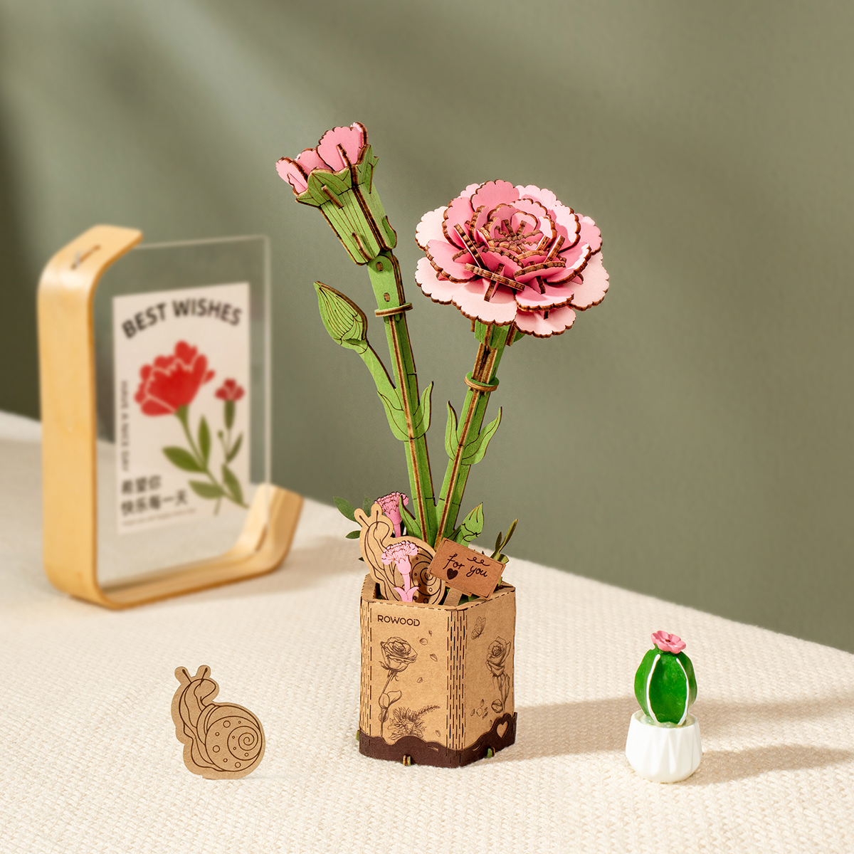 Rowood 3D Wooden Puzzle - Wooden Flower Bouquet TW01H pink rose finished model