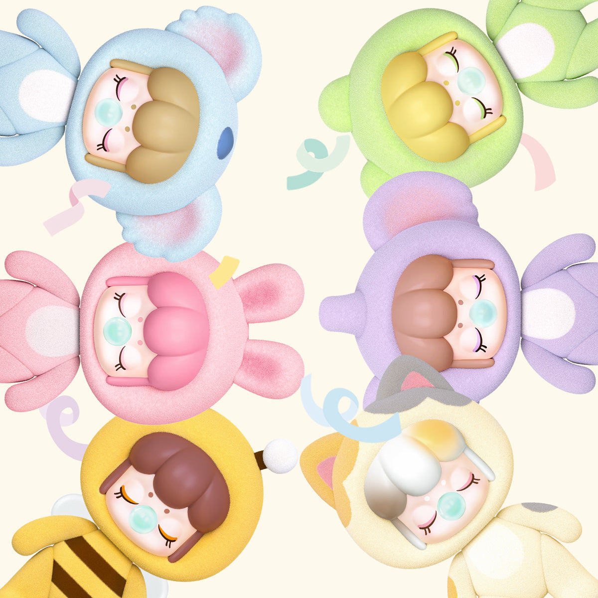 BabyNanci Fluffy Party character lineup collage on a pastel background