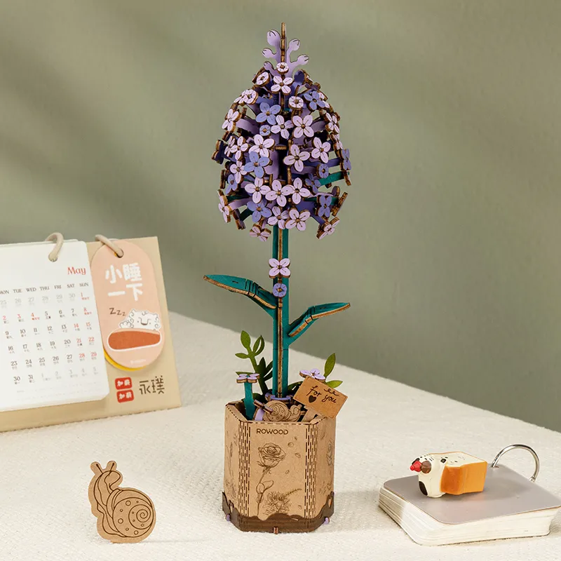 Rowood 3D Wooden Puzzle - Wooden Flower Bouquet TW01H purple flower stem finished model