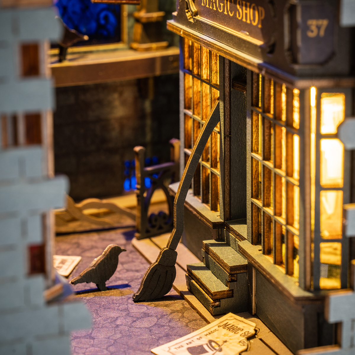 Rolife DIY Book Nook Kit Magic House TGB03 storefront detail close-up with lamp and alleyway