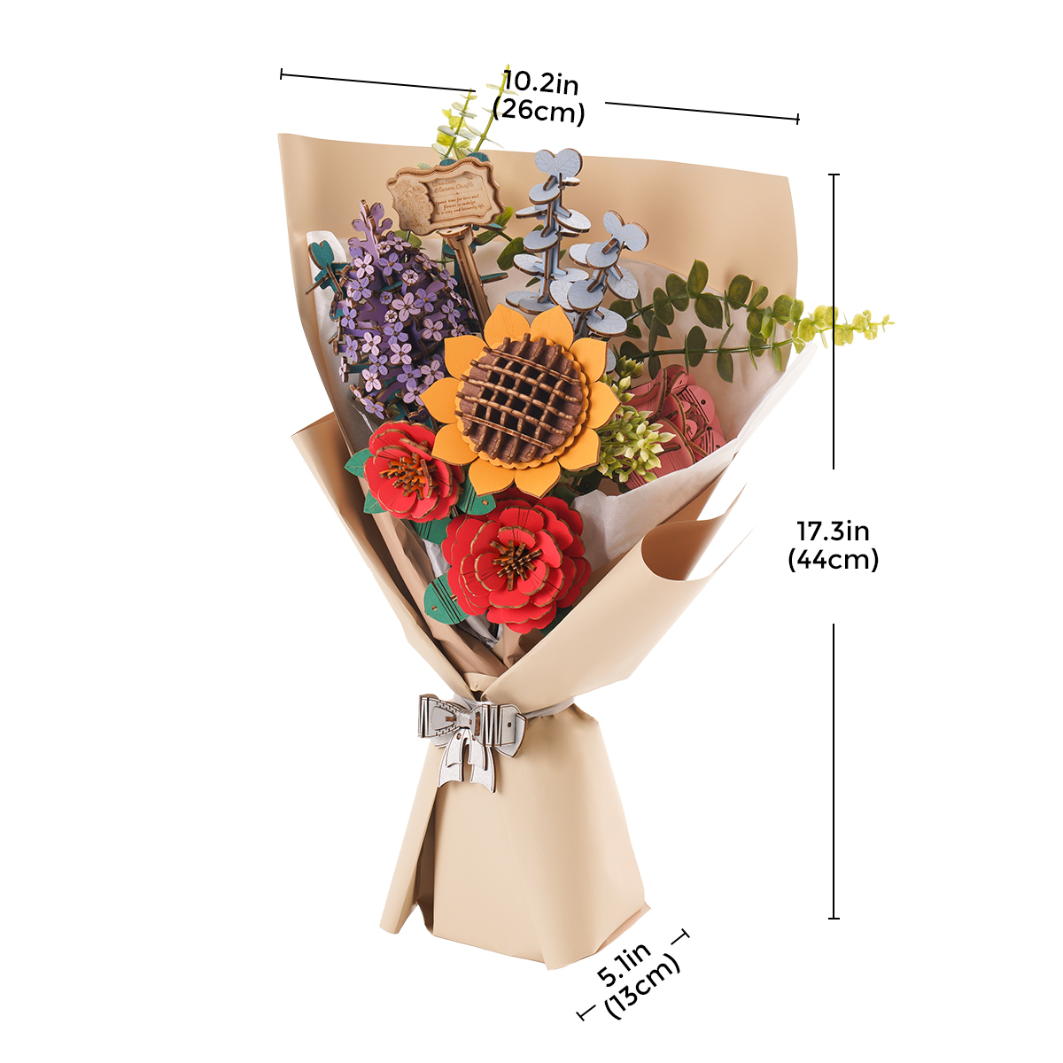 Rowood 3D Wooden Puzzle - Wooden Flower Bouquet TW01H size graphic with 10.2 x 17.3 in dimensions shown