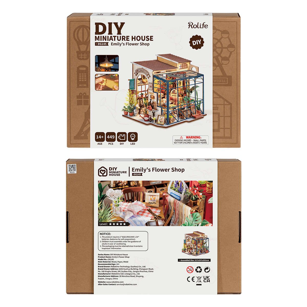 Rolife DIY Miniature Dollhouse - La boutique de fleurs d'Emily DG145 vue latérale de l'emballage du produit