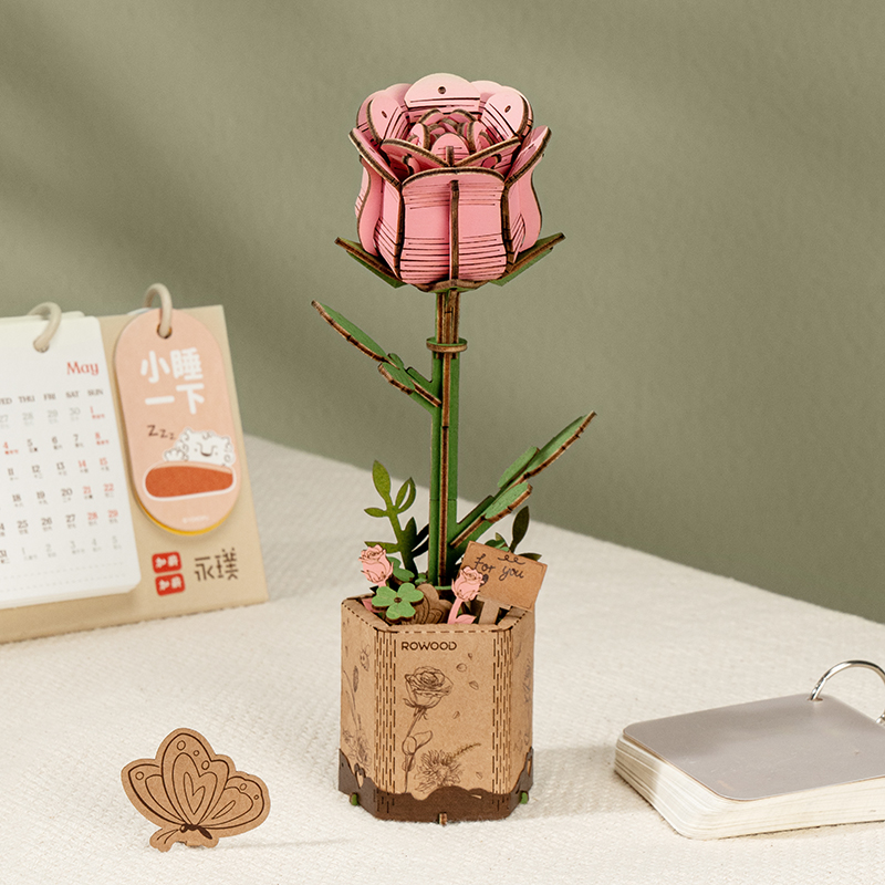 Rowood 3D Wooden Puzzle - Wooden Flower Bouquet TW01H rose stem assembly close-up