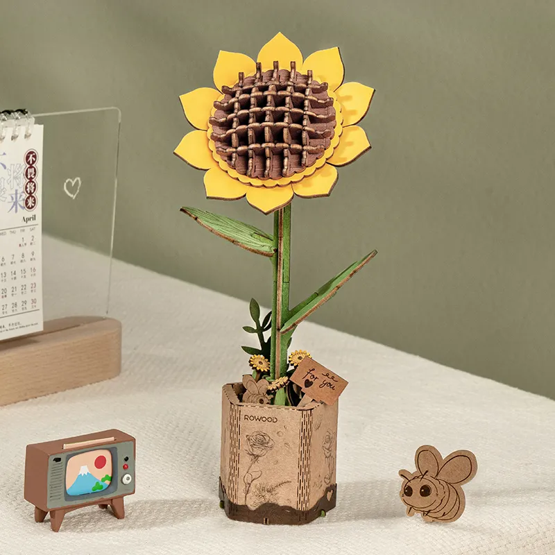 Rowood 3D Wooden Puzzle - Wooden Flower Bouquet TW01H pink flower stem detail