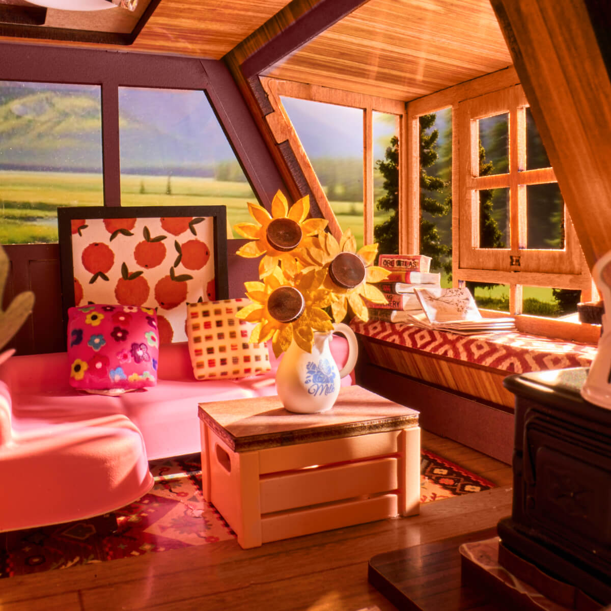 A-Frame Cabin DG181 Nahaufnahme der Lounge-Ecke mit Sonnenblumen und Kabinensitzgelegenheiten