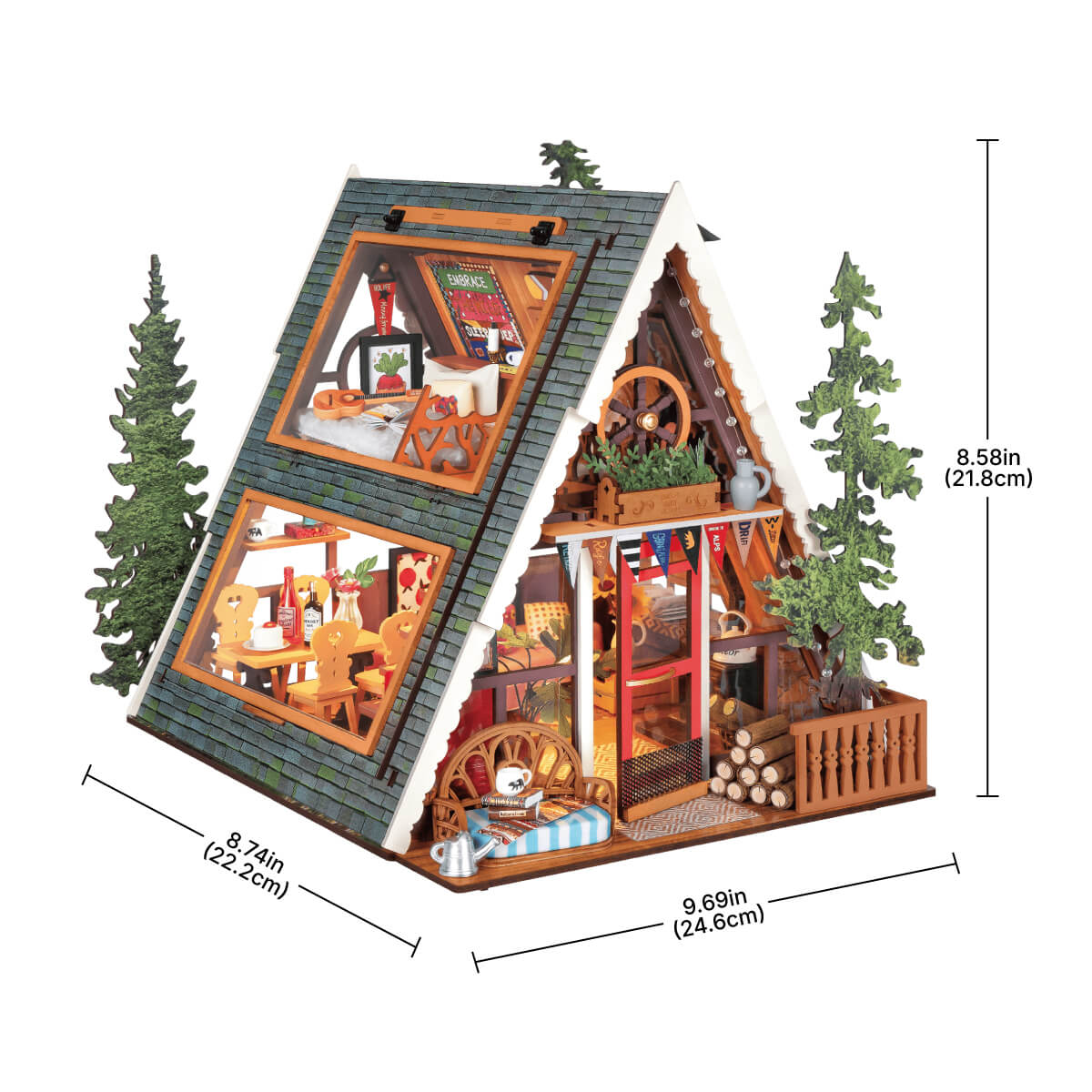 A-Frame Cabin DG181 Größe Grafik mit angegebenen Abmessungen