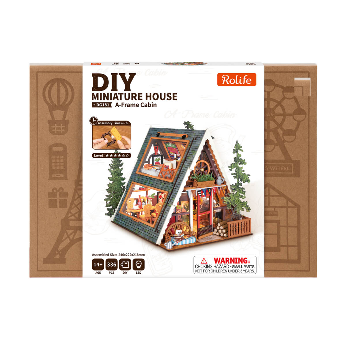 Rolife A-Frame Cabin DG181 Produktpaket mit vollständig miniaturisiertem Haus
