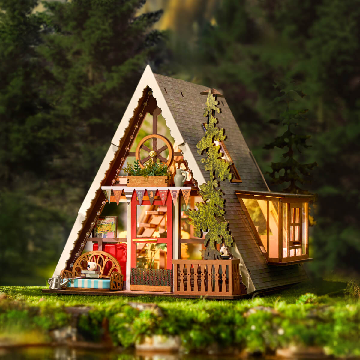 Rolife A-Frame Cabin DG181 miniature house in a forest scene