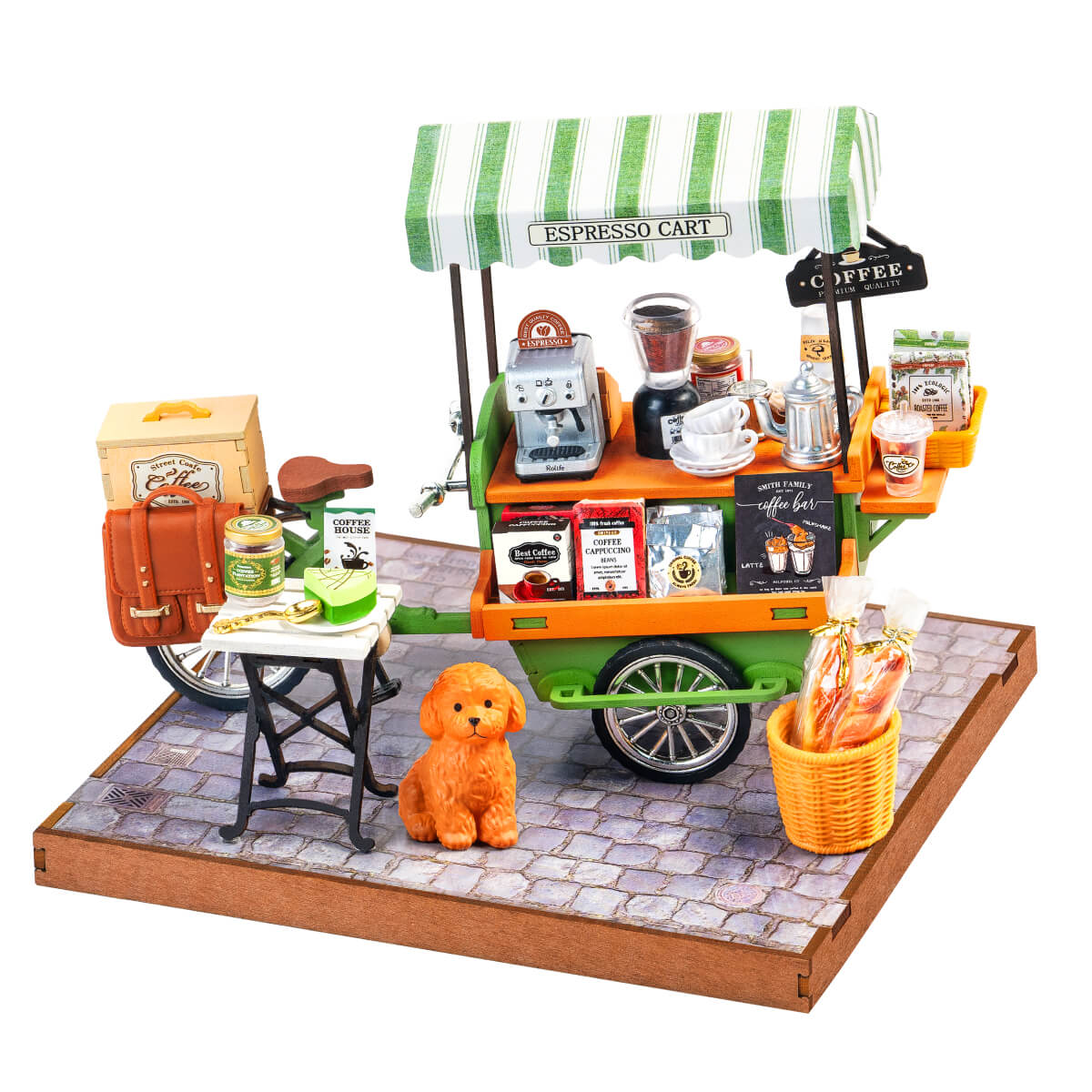 Rolife Aromatic Coffee Cart DG182 white background miniature coffee cart product view
