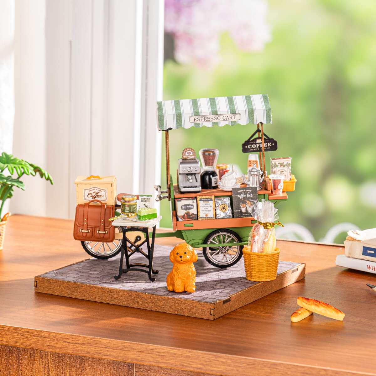 Rolife Aromatic Coffee Cart DG182 miniature coffee cart in a cafe street scene