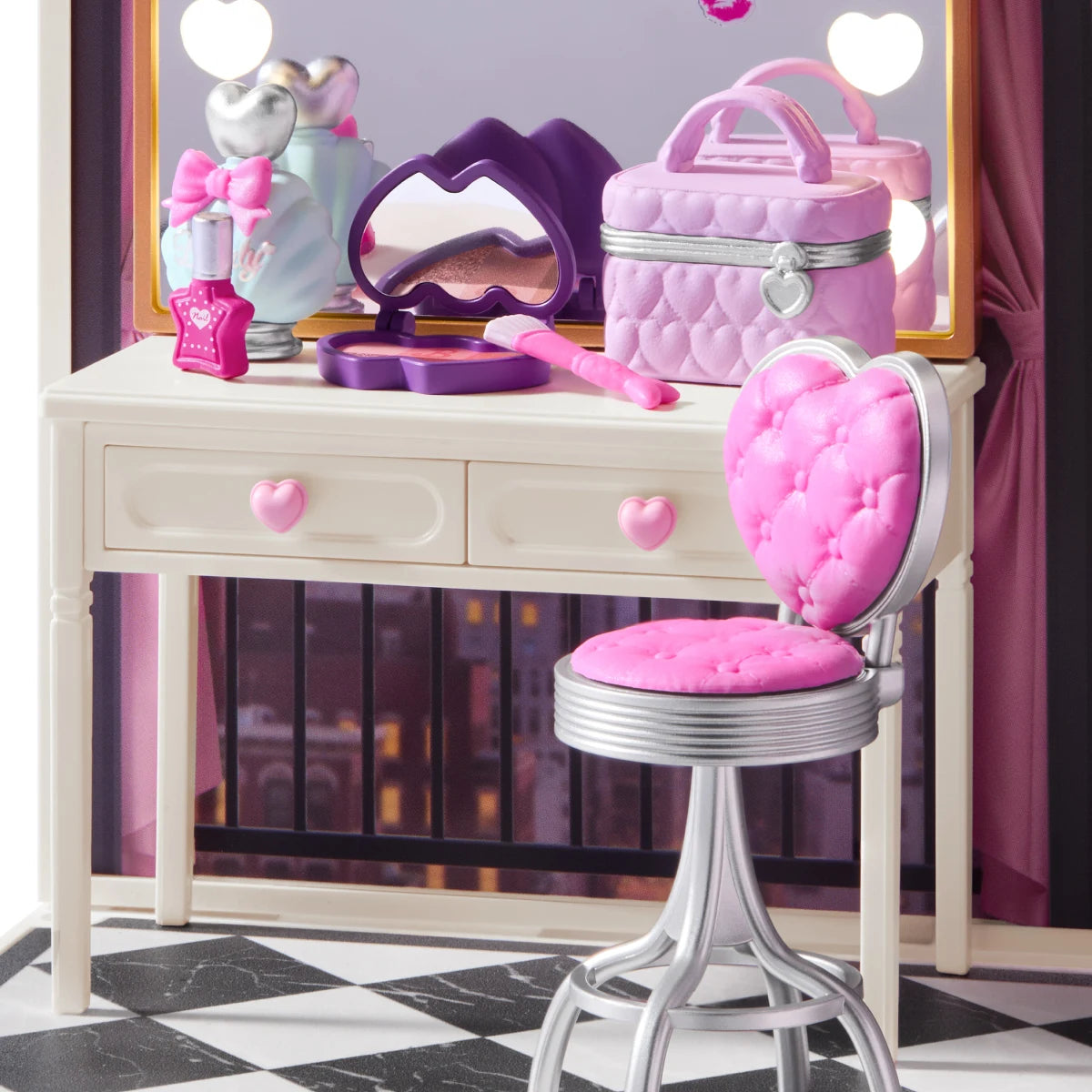 Close-up of miniature white vanity table with heart-shaped stool, pink cosmetics, mirror and checkered floor.