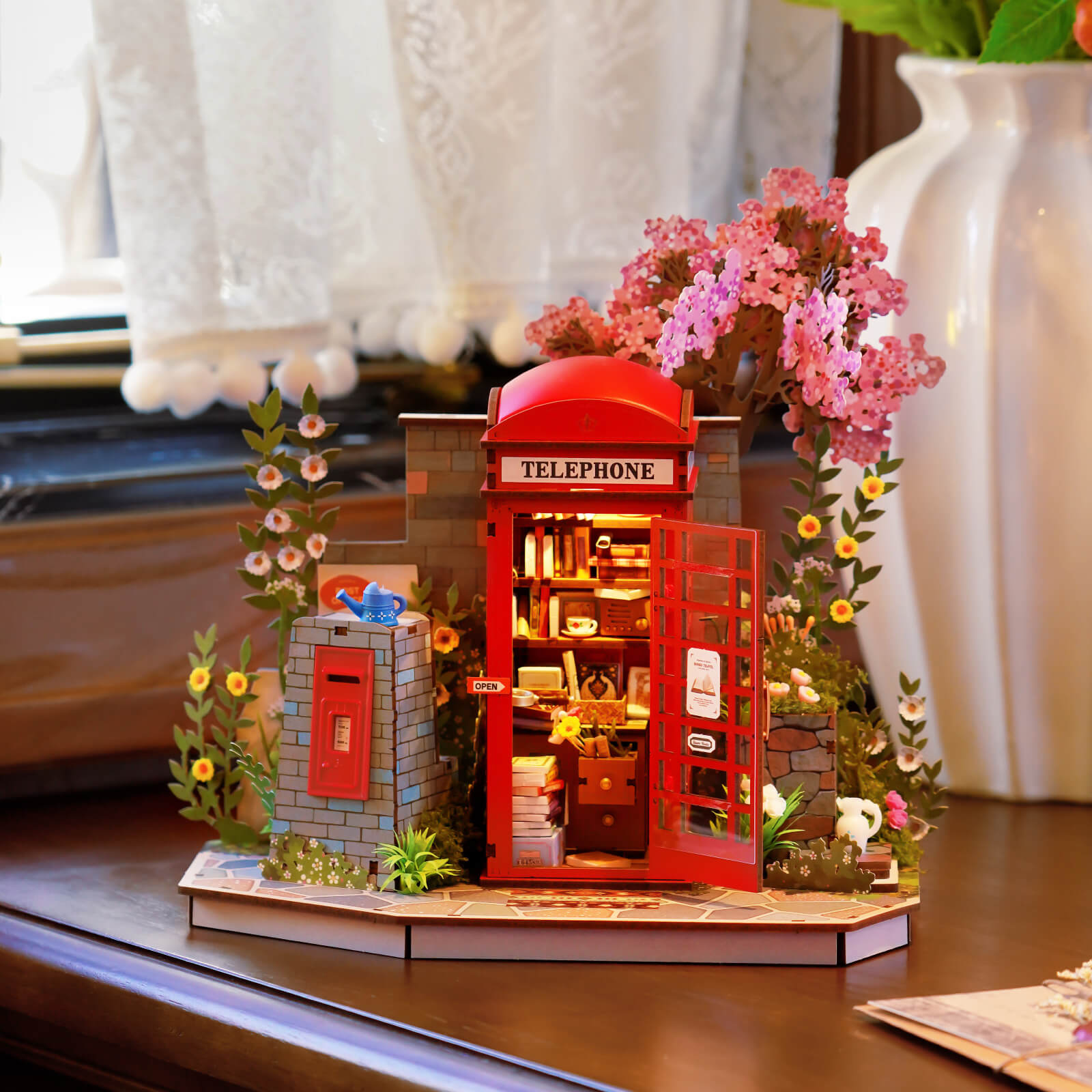 Blossom Book Booth TGS05 red telephone booth displayed as cozy home decor