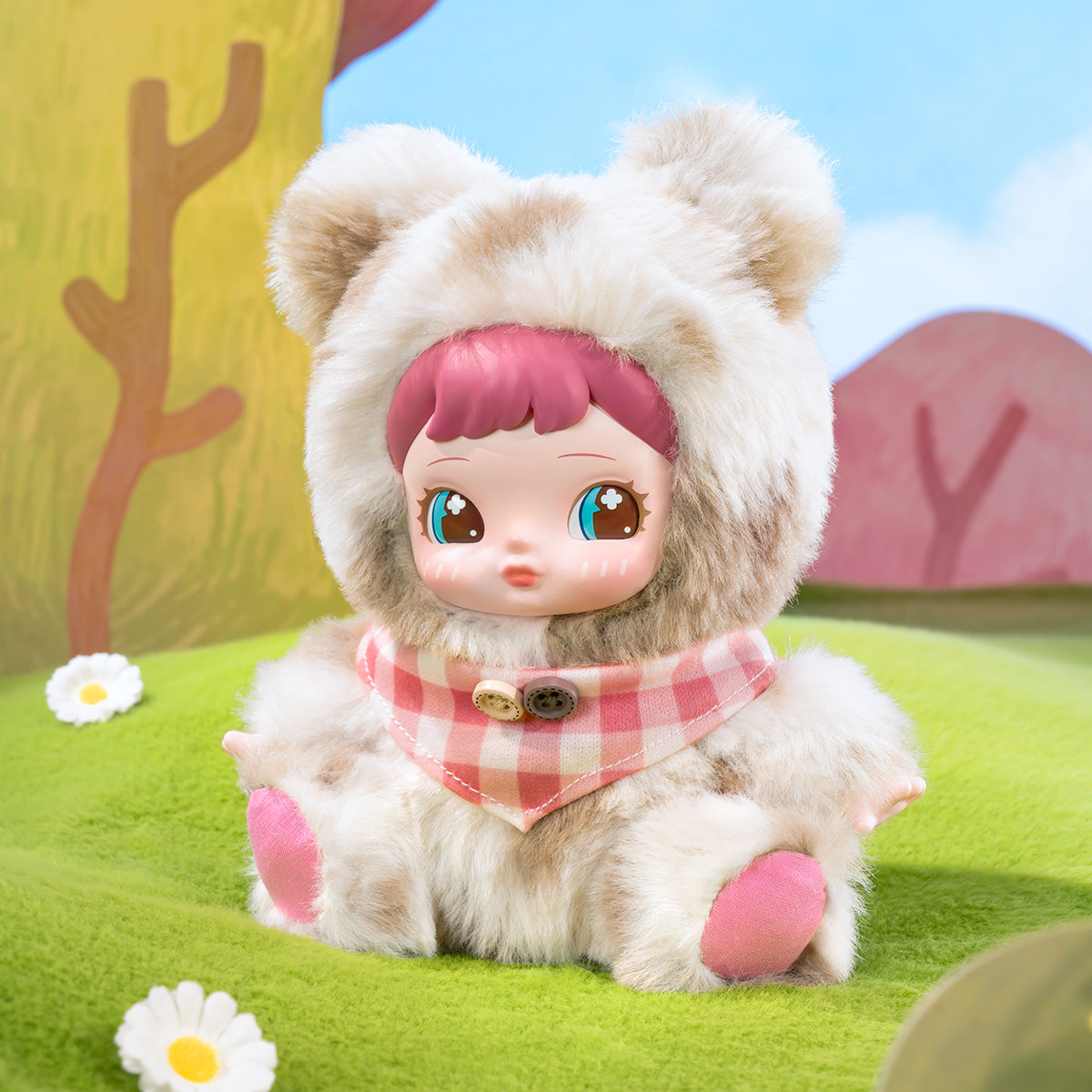 Charline Forest Hide and Seek Lively Bear plush pendant in a pastel forest scene
