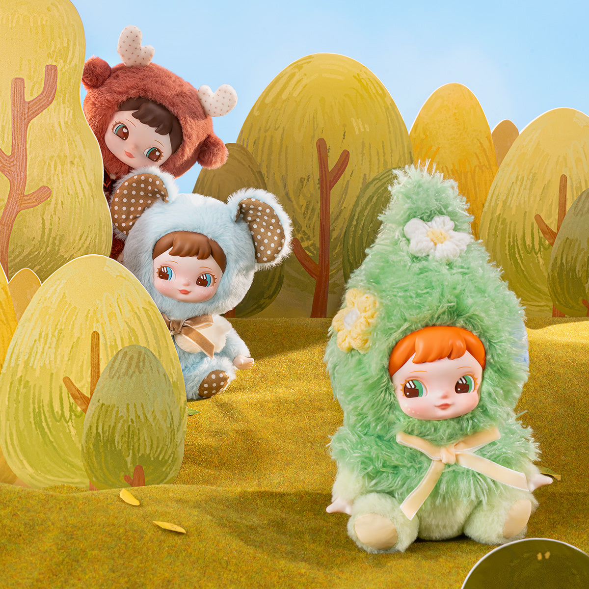 Charline Forest Hide and Seek plush pendants hiding among colorful forest props