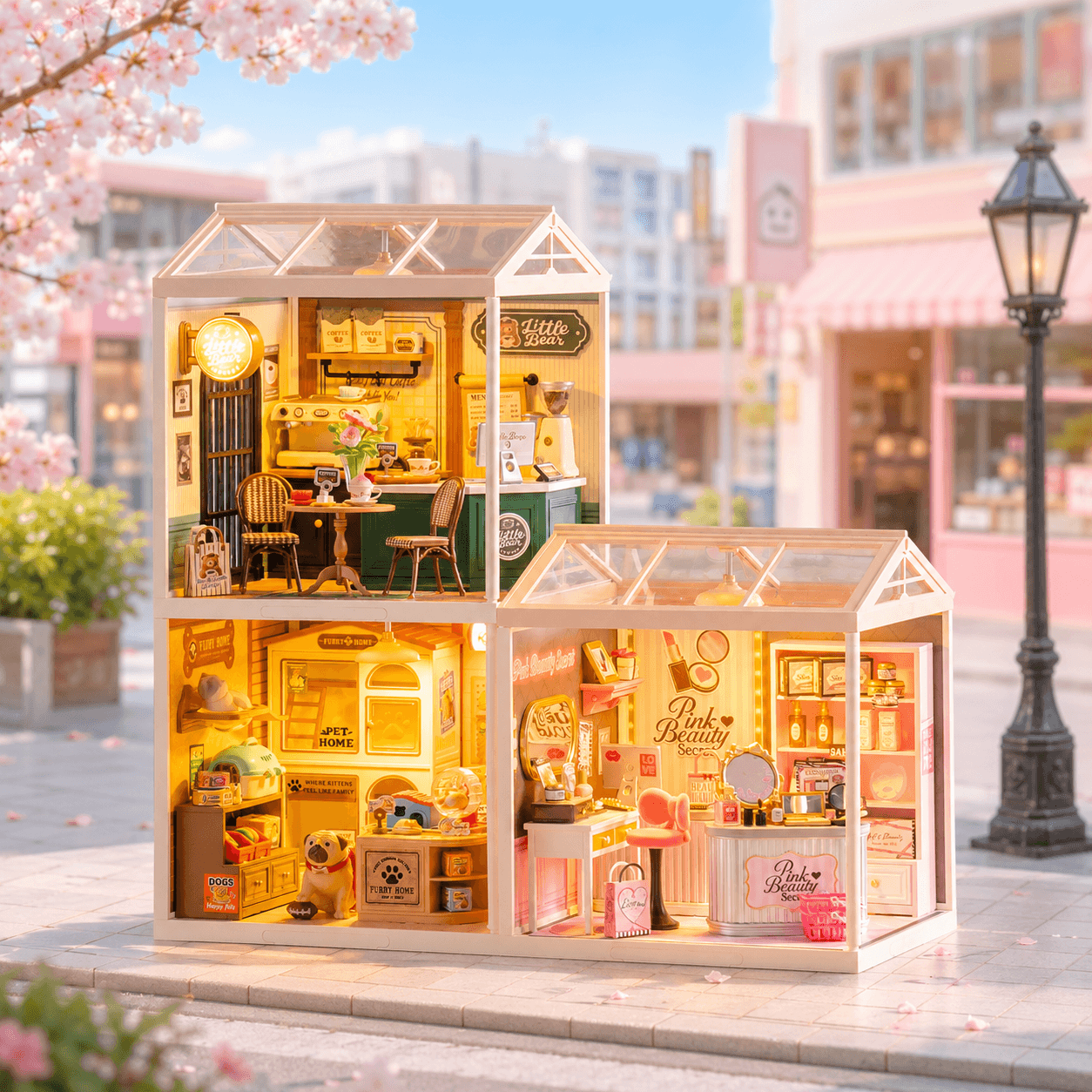 Winkel Dagboek serie display met twee gloeiende miniatuur winkelhuizen in een kersenbloesemstraat