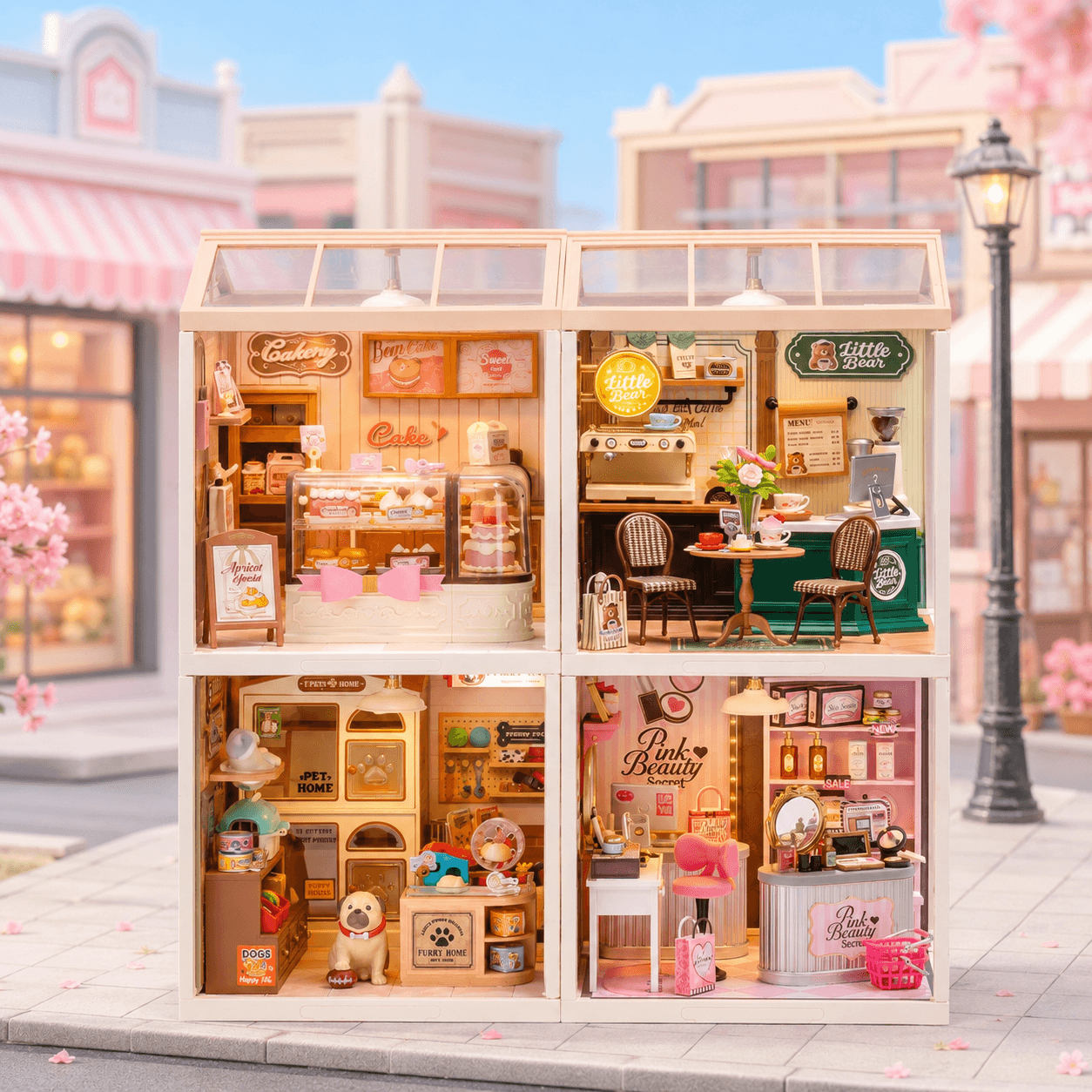 Serie de diario de compras con exhibición apilada de cuatro módulos y tiendas en miniatura en tonos pastel