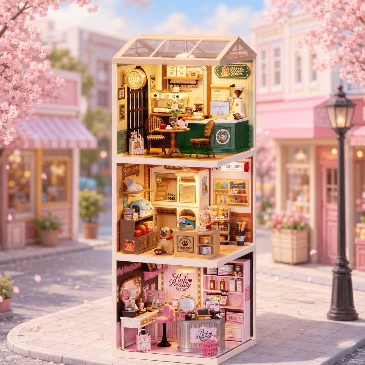 Serie de diario de compras con exhibición apilada de tres módulos de casa de tienda en miniatura