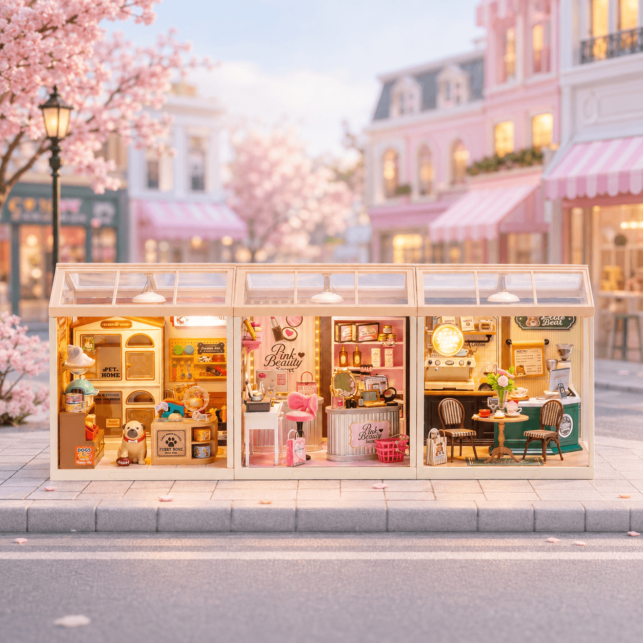 Winkeldagboek serie lange etalage met meerdere miniatuur huismodules