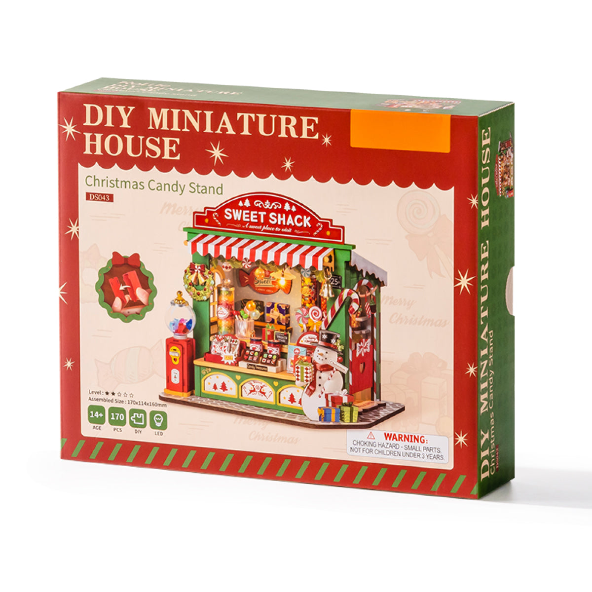 Rolife Christmas Candy Stand DS043 paquete del producto con una cabaña dulce en miniatura completa