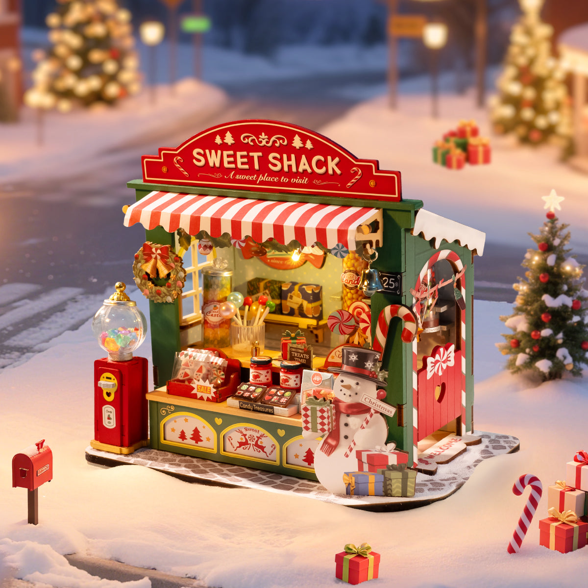 Rolife Kerstmis Snoepstand DS043 miniatuur zoet kraampje in een besneeuwd vakantietafereel