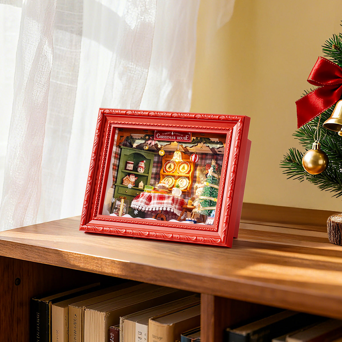 Christmas Eve Party DP005 tabletop display scene beside holiday decor