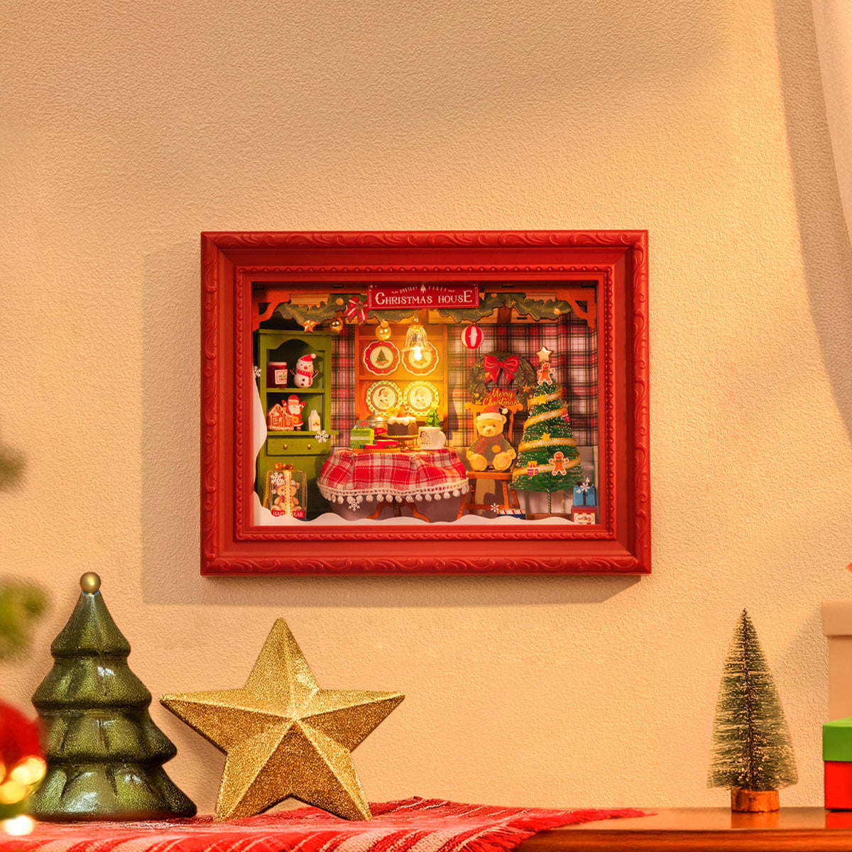Rolife Christmas Eve Party DP005 story frame displayed on a shelf in a Christmas scene