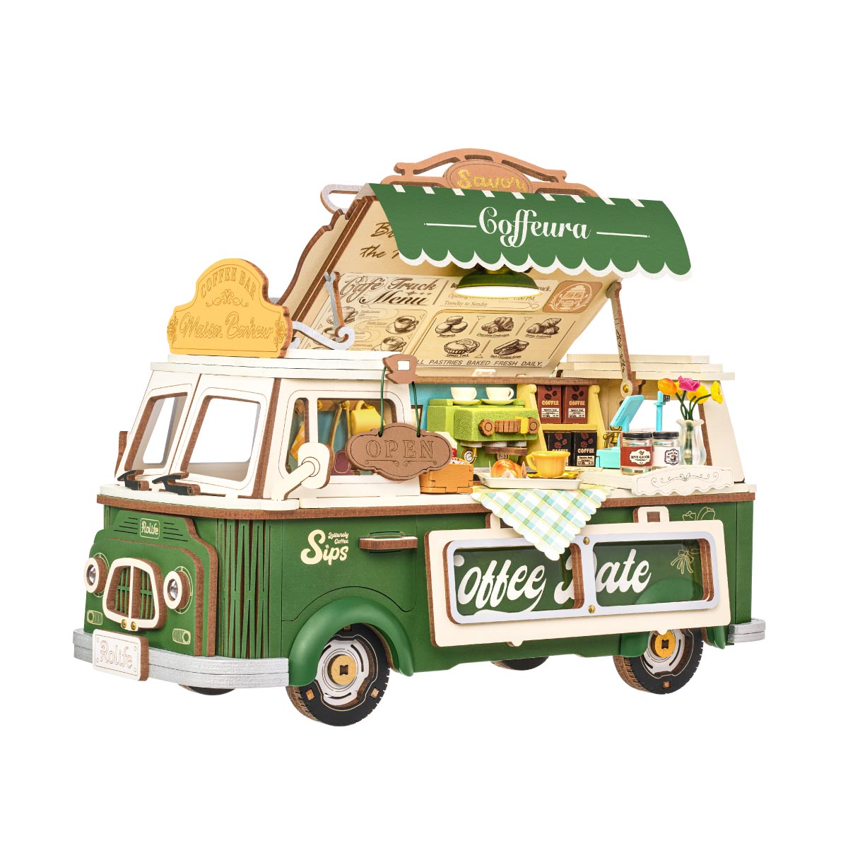 Leo's Coffee Truck TGS07 white background product view with open cafe truck details