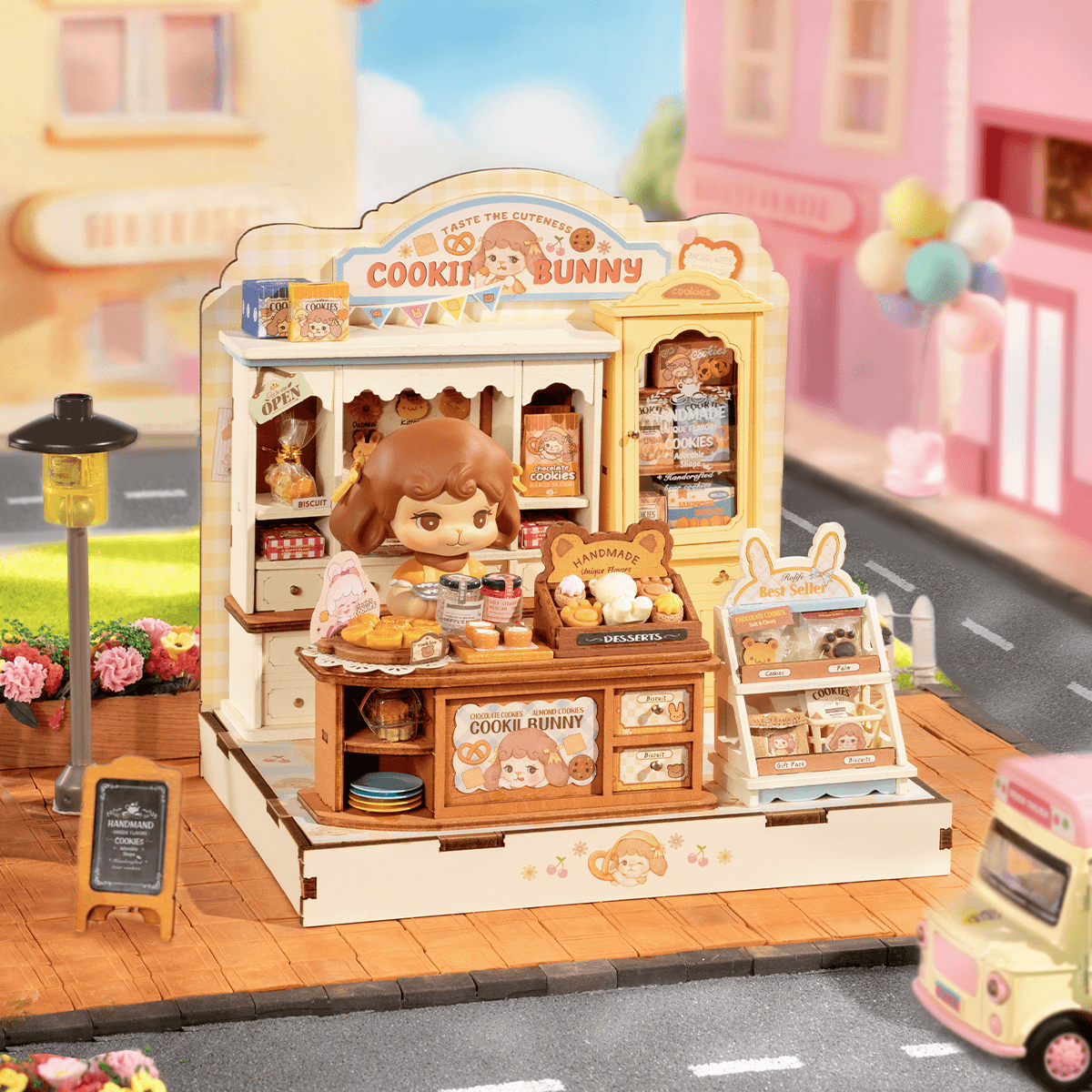 Rolife Cookii Bunny Cookie Shop DG177 miniatuur koekjeswinkel in een pastel straatbeeld