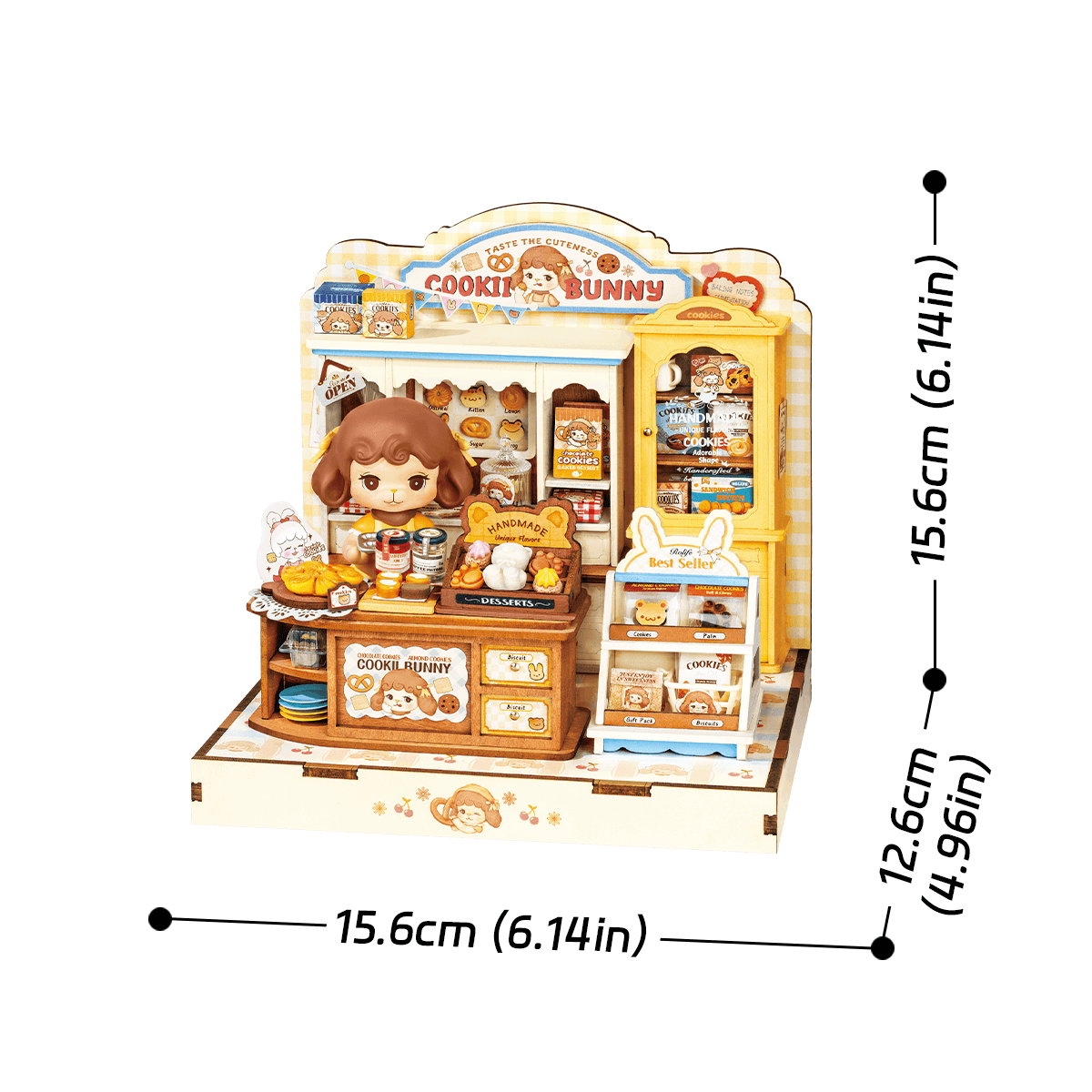 Cookii Bunny Cookie Shop DG177 maat grafiek, 15.6 x 12.6 x 15.6 cm miniatuurhuis