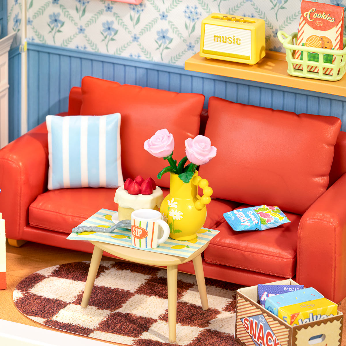 Country Blue Lounge DWS05B close-up of the red sofa, coffee table, and wall shelf details