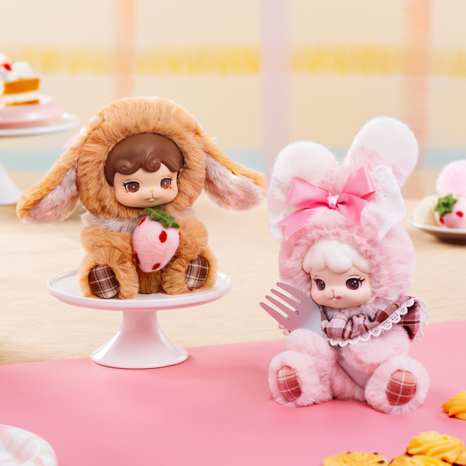 Cream and Cookii Bunny plush pendants displayed together on a dessert tray