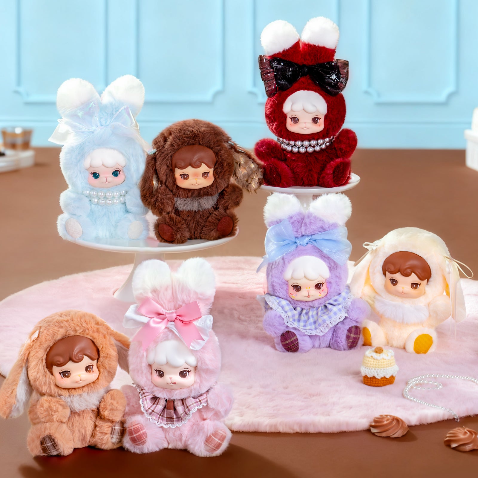 Cream and Cookii Bunny Best Friend collection scene with six plush pendants