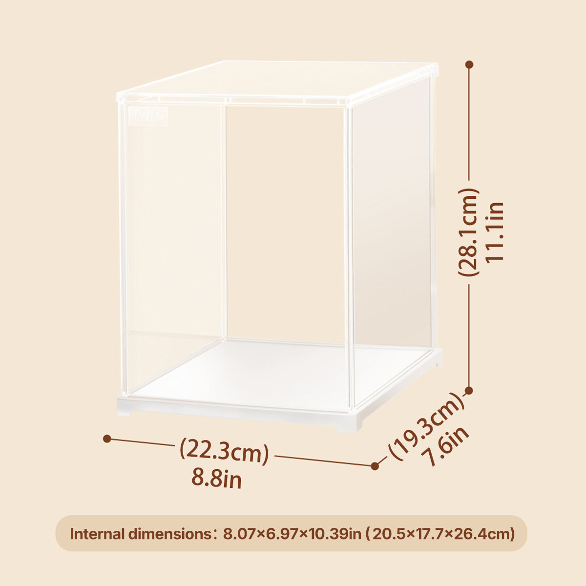 DF05L size graphic, 22.3 x 19.3 x 28.1 cm clear display case